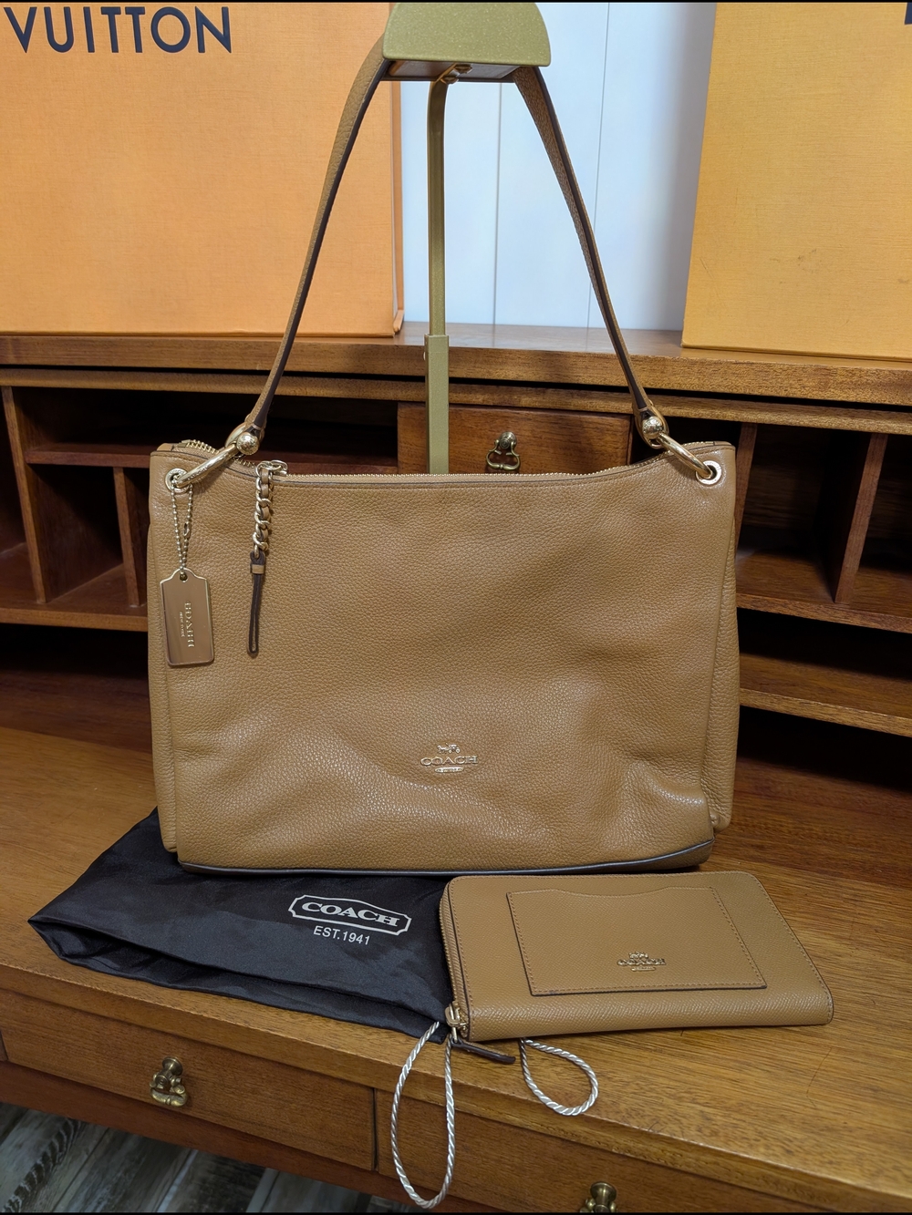 Coach Pebbled Leather Shoulder Bag in Saddle Brown with Matching Wallet